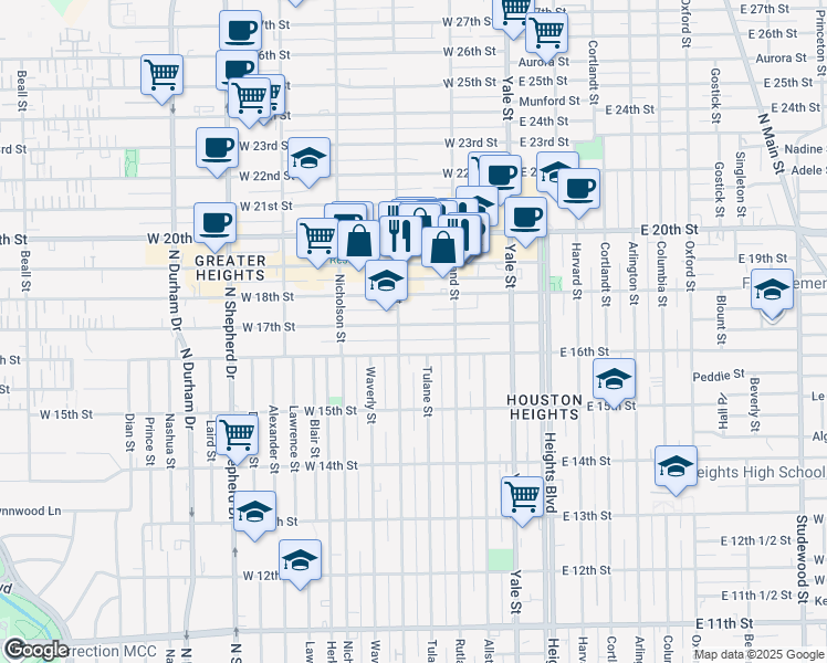 map of restaurants, bars, coffee shops, grocery stores, and more near 332 West 17th Street in Houston