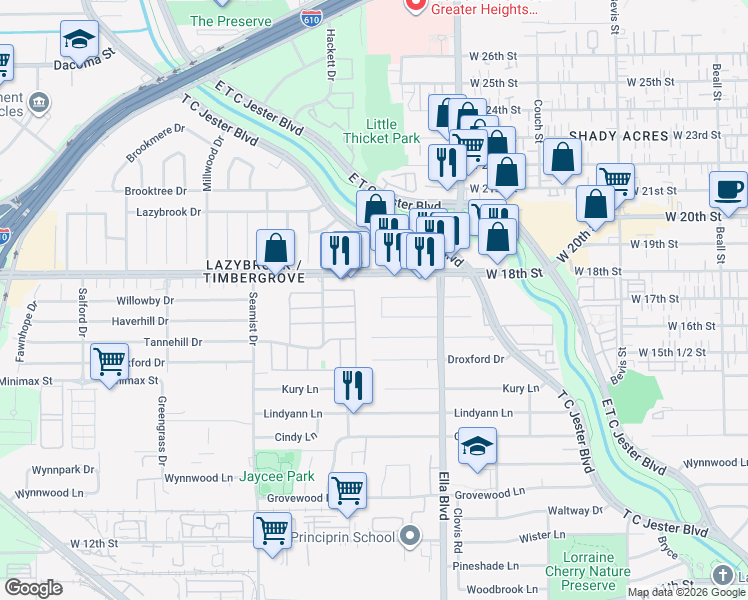 map of restaurants, bars, coffee shops, grocery stores, and more near 1719 Guese Road in Houston