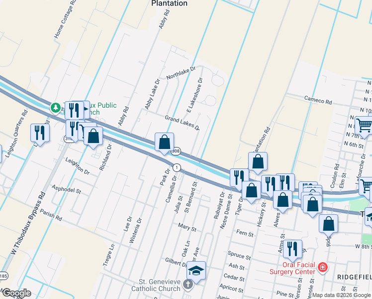 map of restaurants, bars, coffee shops, grocery stores, and more near 944-970 Bayou Rd in Thibodaux