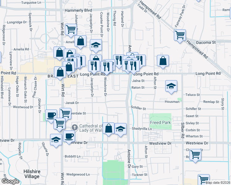 map of restaurants, bars, coffee shops, grocery stores, and more near 7514 Dearborn Street in Houston