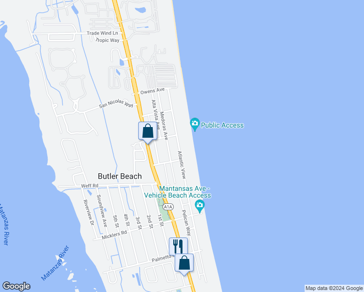 map of restaurants, bars, coffee shops, grocery stores, and more near 5142 Atlantic View in Saint Augustine