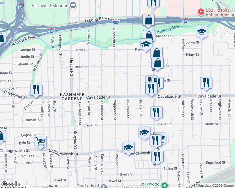map of restaurants, bars, coffee shops, grocery stores, and more near 4805 Cavalcade Street in Houston