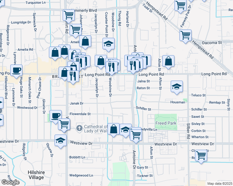map of restaurants, bars, coffee shops, grocery stores, and more near 7514 Dearborn Street in Houston