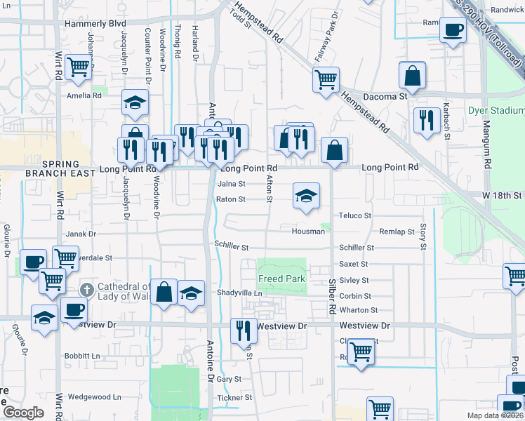 map of restaurants, bars, coffee shops, grocery stores, and more near 7106 Dearborn Street in Houston