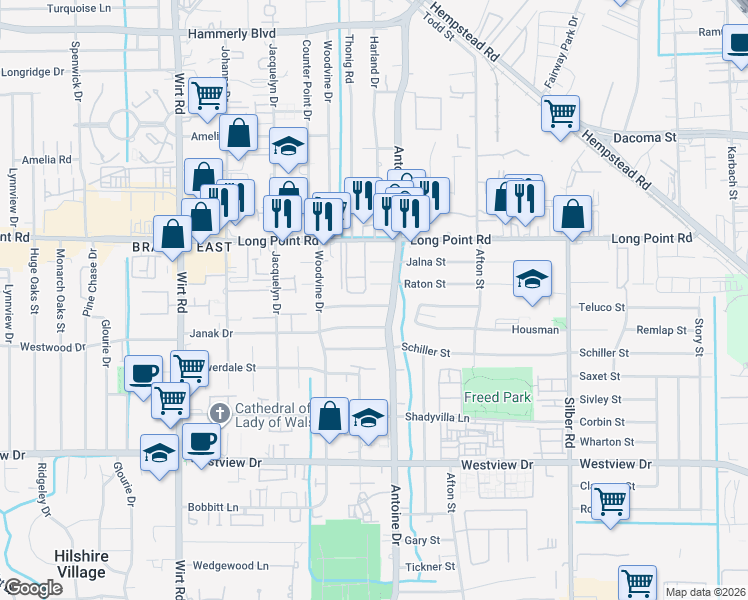map of restaurants, bars, coffee shops, grocery stores, and more near 7414 Dearborn Street in Houston
