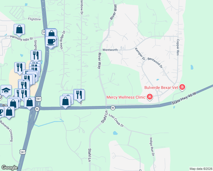 map of restaurants, bars, coffee shops, grocery stores, and more near 3012 River Way in Spring Branch