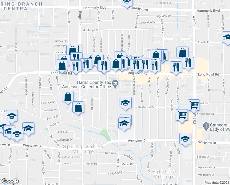 map of restaurants, bars, coffee shops, grocery stores, and more near 1711 Pech Road in Houston
