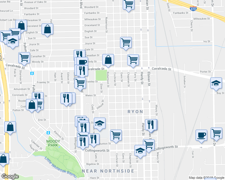 map of restaurants, bars, coffee shops, grocery stores, and more near 1118 Amundsen Street in Houston