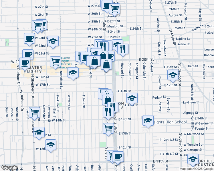 map of restaurants, bars, coffee shops, grocery stores, and more near 1605 Heights Boulevard in Houston