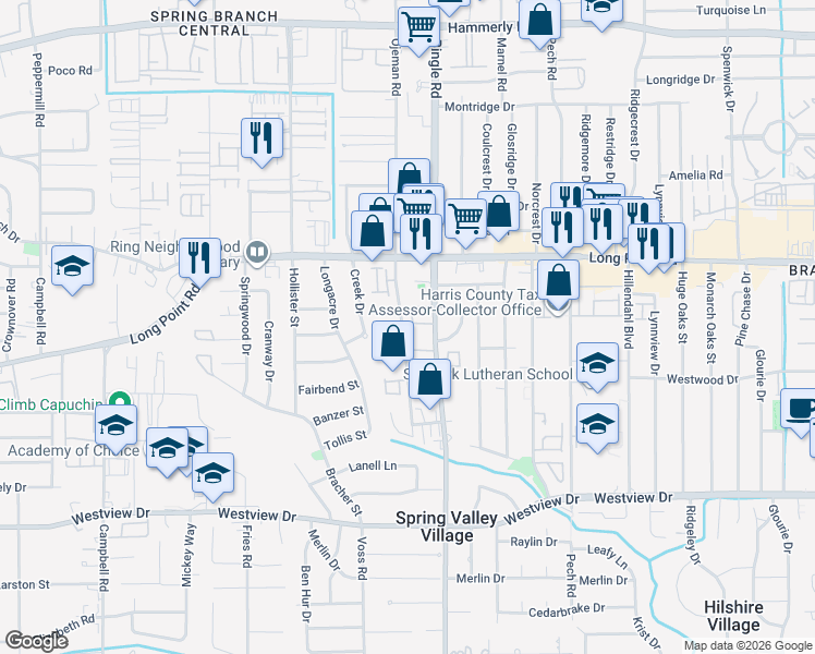 map of restaurants, bars, coffee shops, grocery stores, and more near 1705 Waterbury Way in Houston