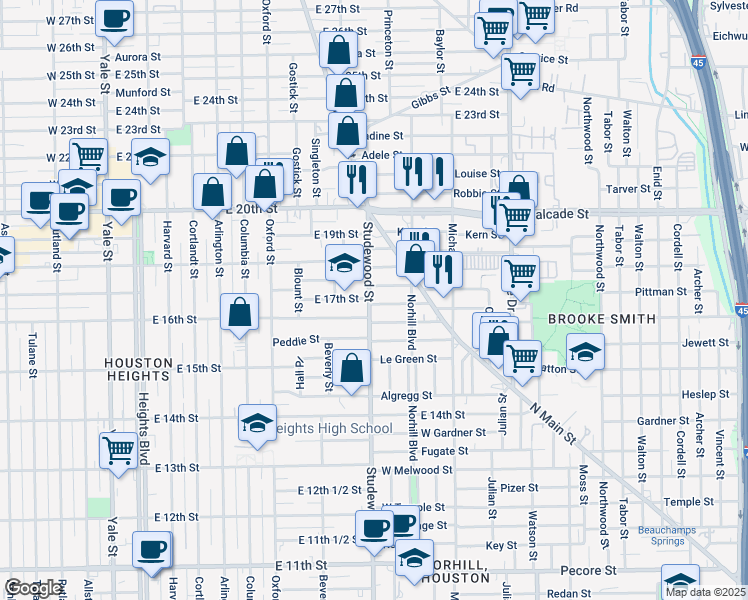 map of restaurants, bars, coffee shops, grocery stores, and more near 1139 Walling Street in Houston