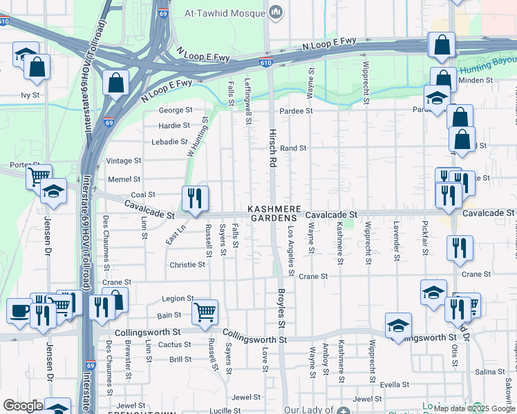 map of restaurants, bars, coffee shops, grocery stores, and more near 4127 Leffingwell Street in Houston