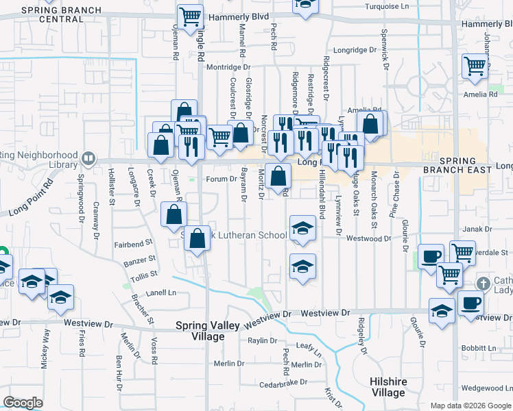 map of restaurants, bars, coffee shops, grocery stores, and more near 1727B Moritz Drive in Houston