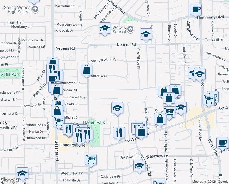 map of restaurants, bars, coffee shops, grocery stores, and more near 9843 Warwana Road in Houston