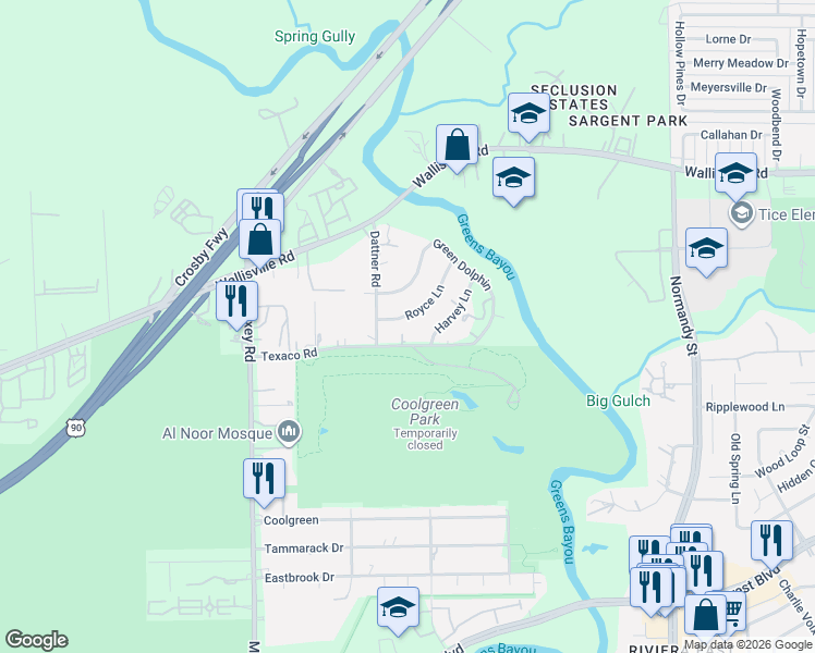 map of restaurants, bars, coffee shops, grocery stores, and more near 12818 Royce Lane in Houston
