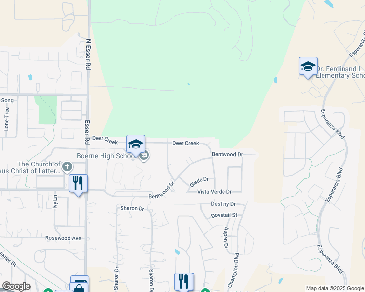 map of restaurants, bars, coffee shops, grocery stores, and more near 323 Deer Creek in Boerne