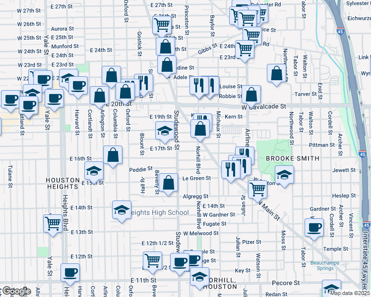 map of restaurants, bars, coffee shops, grocery stores, and more near in Houston