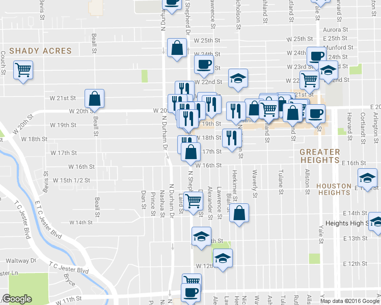 map of restaurants, bars, coffee shops, grocery stores, and more near 716 West 17th Street in Houston