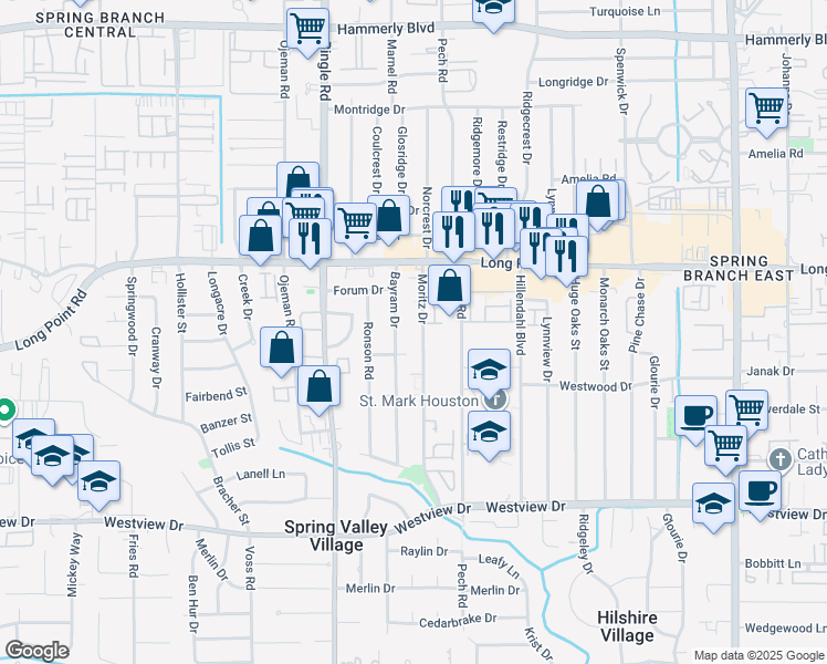 map of restaurants, bars, coffee shops, grocery stores, and more near 1727B Moritz Drive in Houston