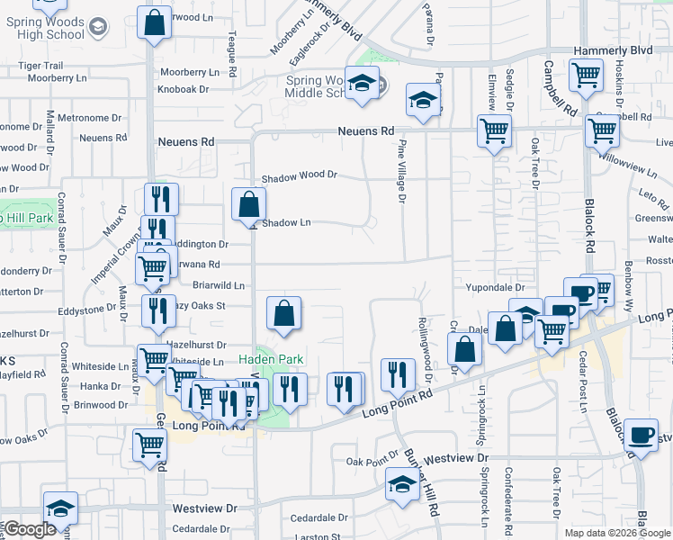 map of restaurants, bars, coffee shops, grocery stores, and more near 9843 Warwana Road in Houston