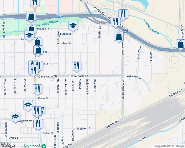 map of restaurants, bars, coffee shops, grocery stores, and more near 6215 Cavalcade Street in Houston