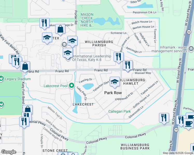 map of restaurants, bars, coffee shops, grocery stores, and more near 24302 Lanning Drive in Katy