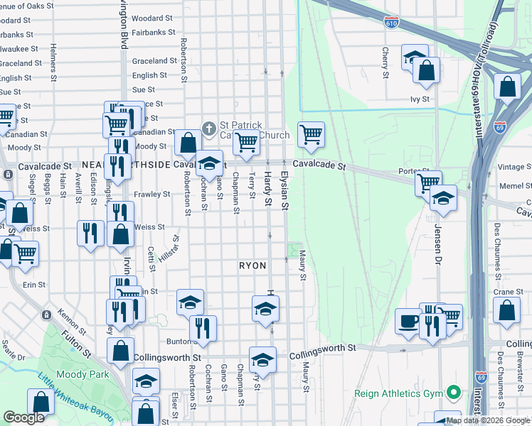 map of restaurants, bars, coffee shops, grocery stores, and more near 1520 Amundsen Street in Houston
