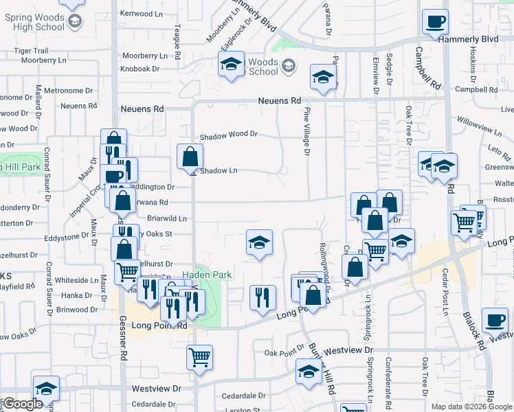 map of restaurants, bars, coffee shops, grocery stores, and more near 9843 Warwana Road in Houston