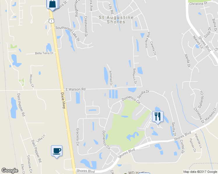 map of restaurants, bars, coffee shops, grocery stores, and more near 13 Amistad Drive in St. Augustine
