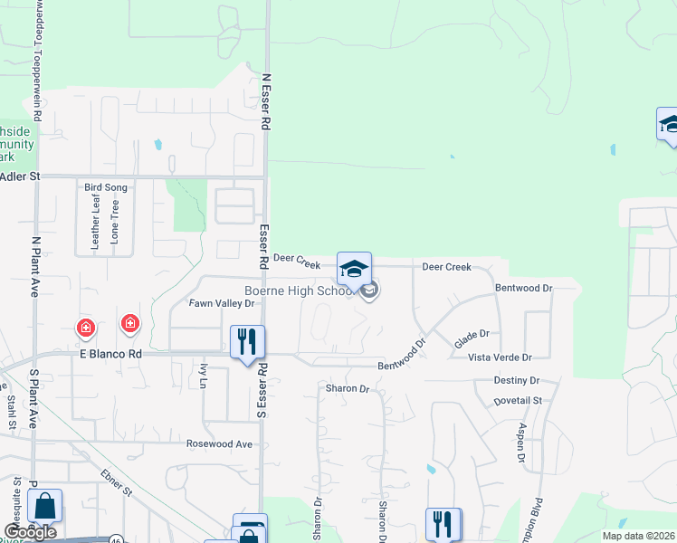 map of restaurants, bars, coffee shops, grocery stores, and more near 229 Deer Creek in Boerne