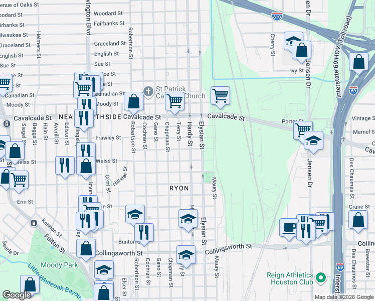 map of restaurants, bars, coffee shops, grocery stores, and more near 4408 Hardy Street in Houston