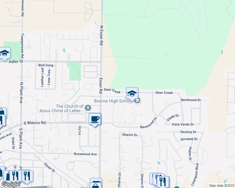 map of restaurants, bars, coffee shops, grocery stores, and more near 209 Deer Creek in Boerne