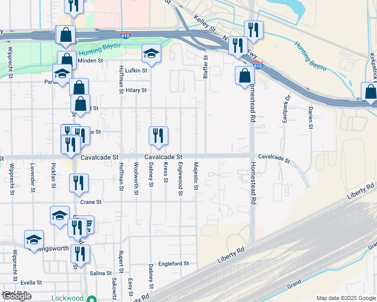 map of restaurants, bars, coffee shops, grocery stores, and more near 6215 Cavalcade Street in Houston