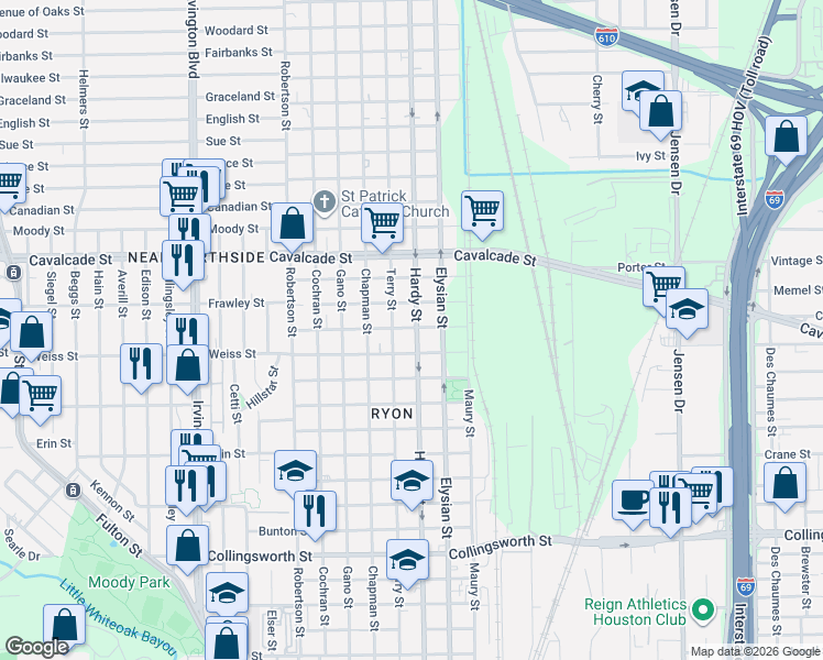 map of restaurants, bars, coffee shops, grocery stores, and more near 4408 Hardy Street in Houston