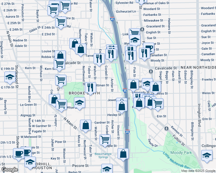map of restaurants, bars, coffee shops, grocery stores, and more near 1006 Cordell Street in Houston