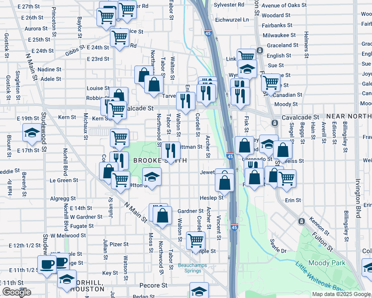 map of restaurants, bars, coffee shops, grocery stores, and more near 1006 Walton Street in Houston