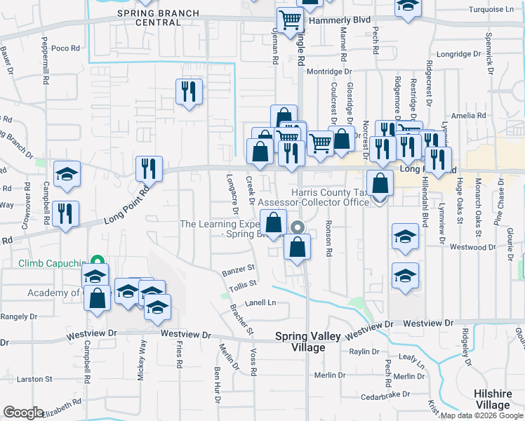 map of restaurants, bars, coffee shops, grocery stores, and more near 1702 Creek Drive in Houston