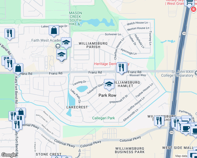 map of restaurants, bars, coffee shops, grocery stores, and more near 1911 Arrow Star Court in Katy