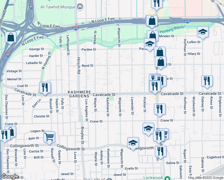 map of restaurants, bars, coffee shops, grocery stores, and more near 4609 Cavalcade Street in Houston