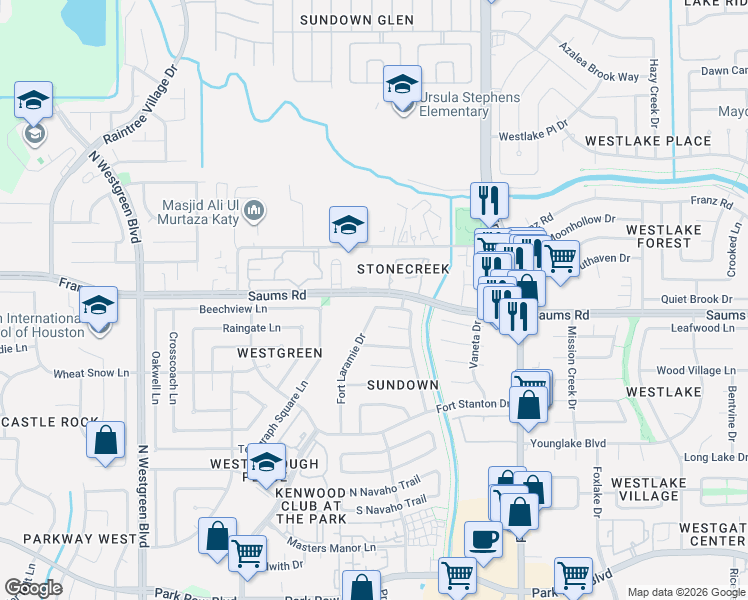 map of restaurants, bars, coffee shops, grocery stores, and more near 2231 Fort Laramie Drive in Katy