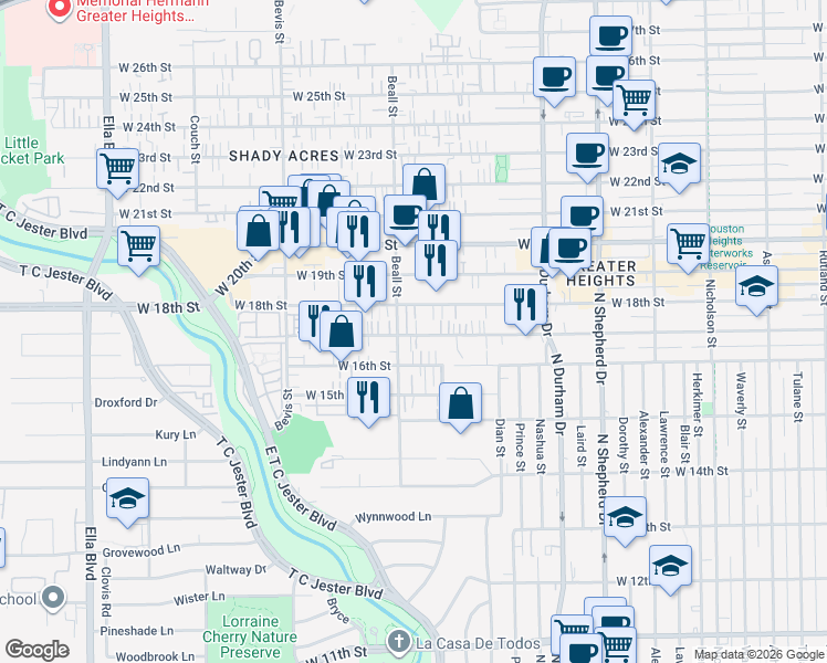 map of restaurants, bars, coffee shops, grocery stores, and more near 1624 Beall Street in Houston