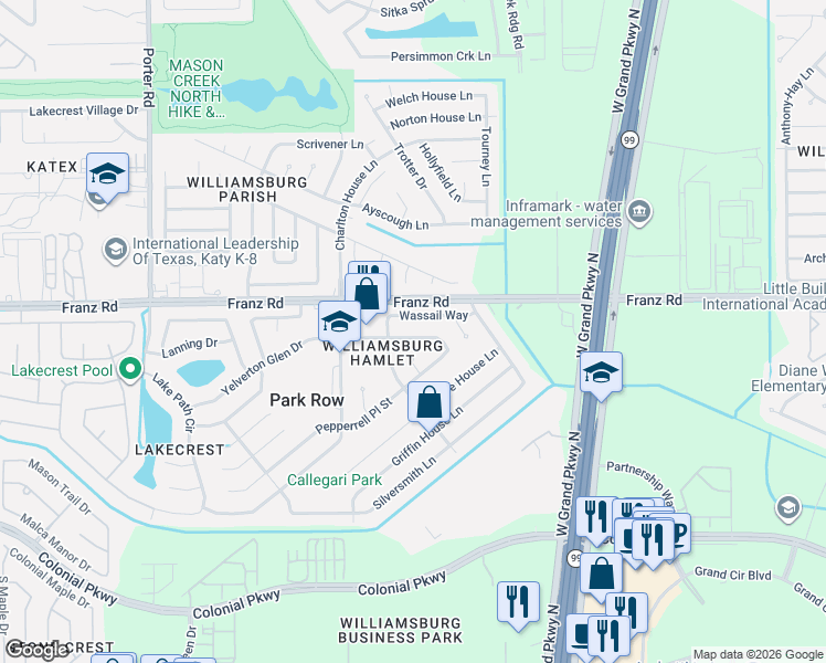 map of restaurants, bars, coffee shops, grocery stores, and more near 24007 Nomini Hall Lane in Katy
