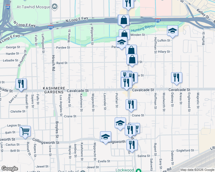 map of restaurants, bars, coffee shops, grocery stores, and more near 5007 Cavalcade St in Houston