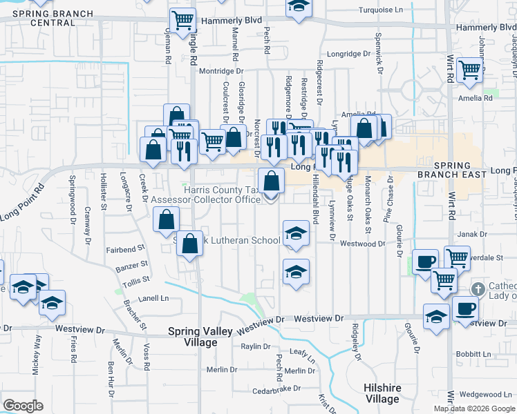 map of restaurants, bars, coffee shops, grocery stores, and more near 1727B Moritz Drive in Houston