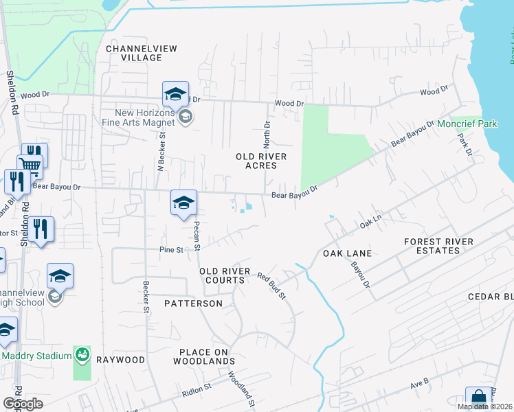 map of restaurants, bars, coffee shops, grocery stores, and more near 16310 Bear Bayou Drive in Channelview