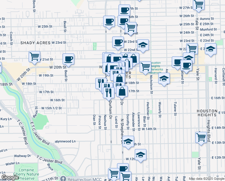 map of restaurants, bars, coffee shops, grocery stores, and more near 1614 North Durham Drive in Houston