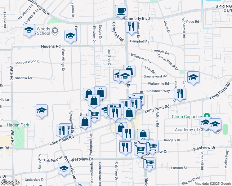 map of restaurants, bars, coffee shops, grocery stores, and more near 1612 Oak Tree Drive in Houston
