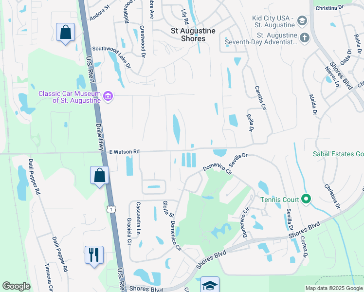map of restaurants, bars, coffee shops, grocery stores, and more near 13 Amistad Drive in St. Augustine