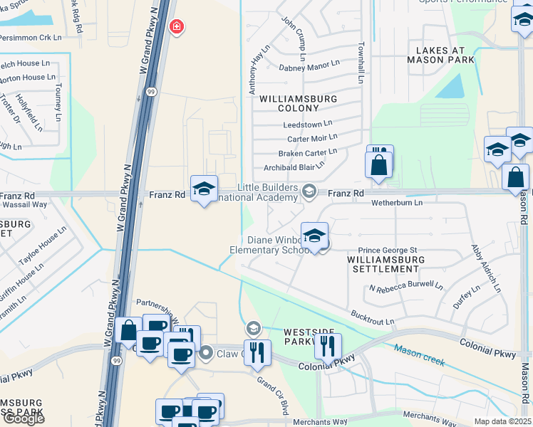 map of restaurants, bars, coffee shops, grocery stores, and more near 22777 Franz Road in Katy