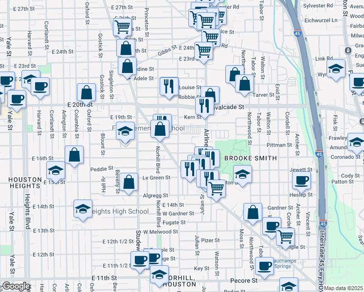 map of restaurants, bars, coffee shops, grocery stores, and more near 915 Walling Street in Houston